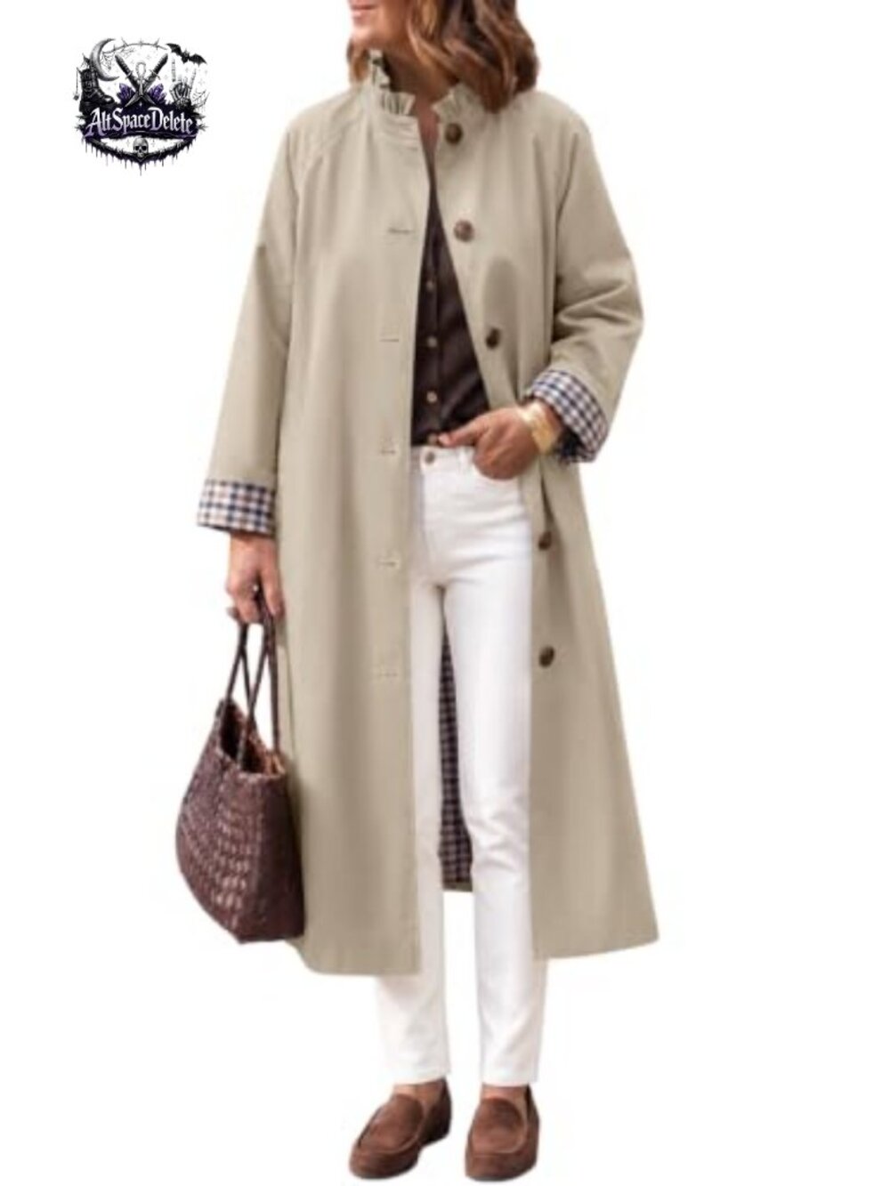 Oversized Long Trench Coat Ruffle Collar Plaid Lining Button Down